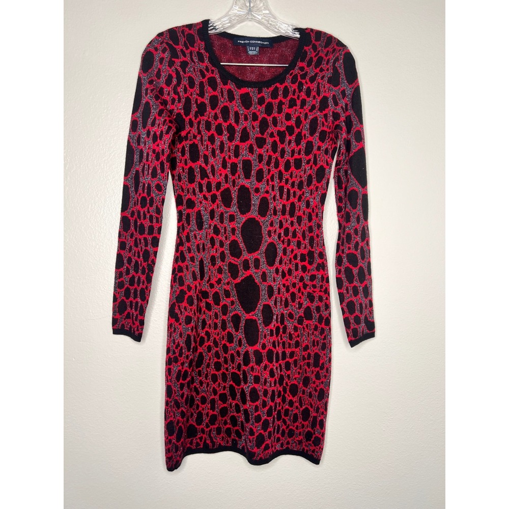 French Connection Red Black Metallic Knit Sweater Dress Long Sleeve Size 4 71CQH